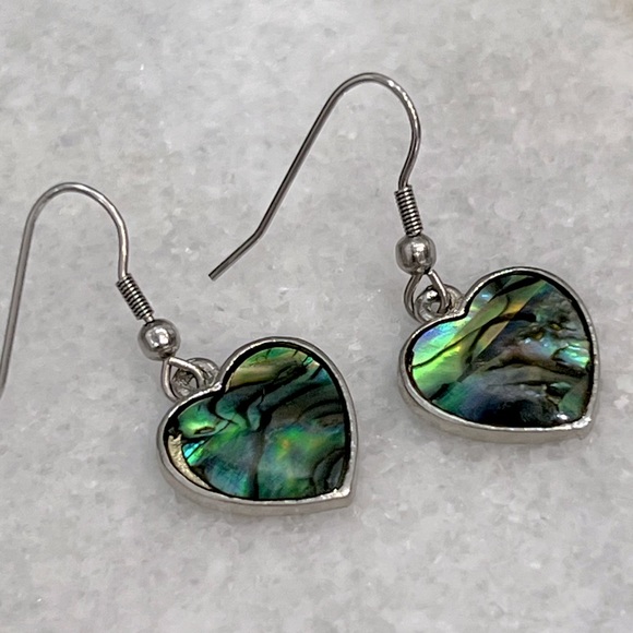Abalone Shell Silver Heart Dangle Earrings - Picture 7 of 11